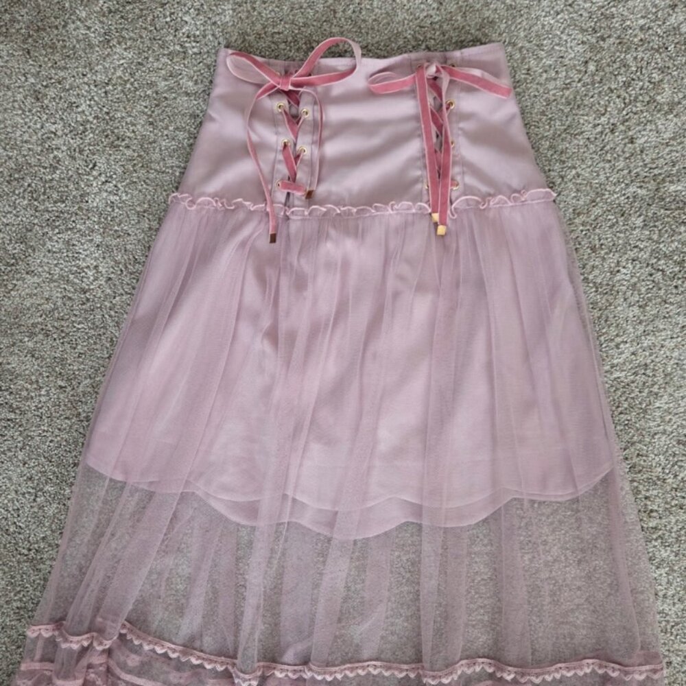 Liz Lisa Pink Lace Up Sheer Overlay Scalloped Maxi Skirt